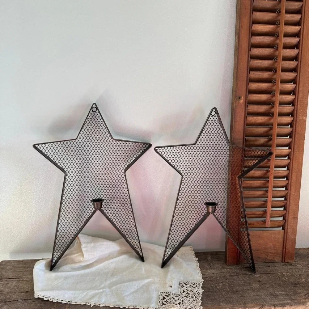 Rustic Metal Mesh Star Wall Sconce Taper Candle Holder Set Dark Bronze Primitive